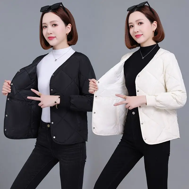 

Женская внутренняя одежда без воротника с ромбовидной решеткой, легкая и теплая короткая зимняя пуховая хлопковая куртка