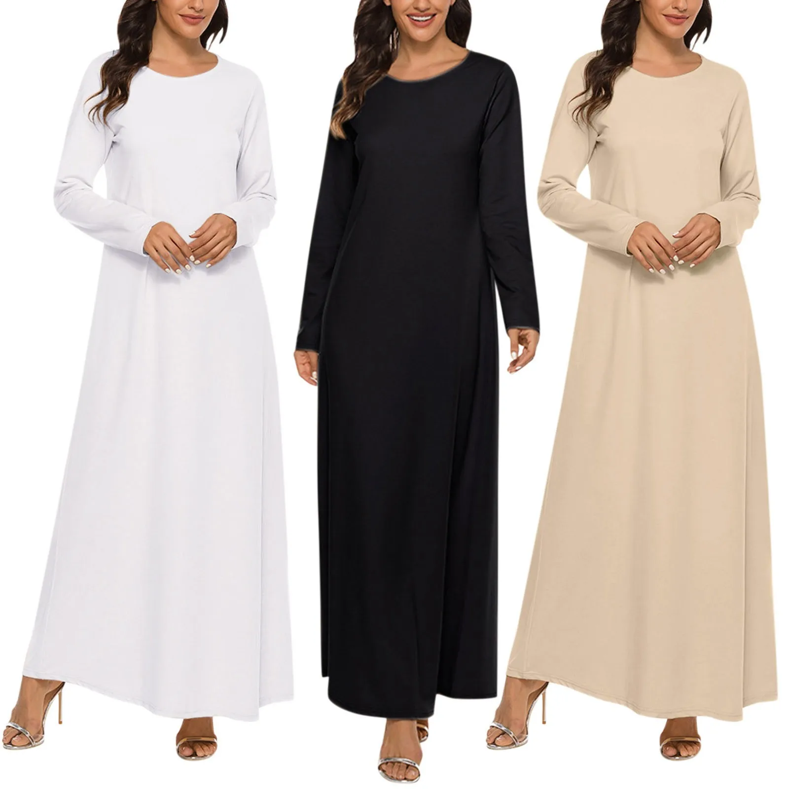 

Womens Casual Solid Muslim Dress Abaya Islamic Long Sleeve Dress Under Dress Hollow Out Sequin Cardigan Loose Long Cardigan