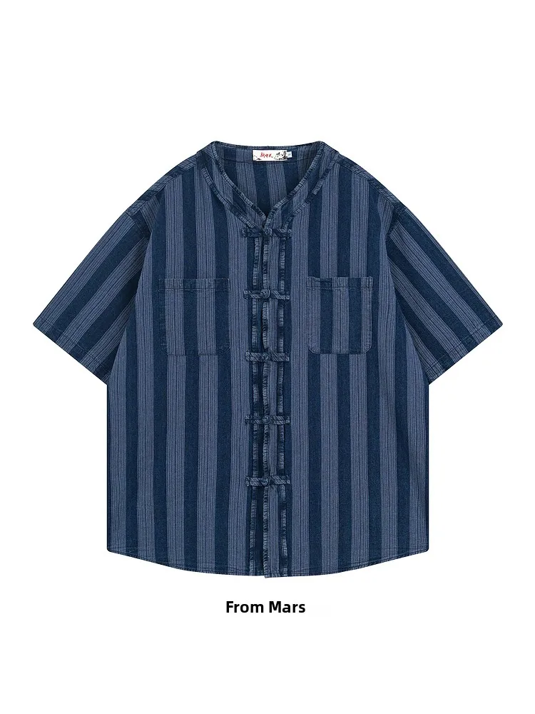 

Loose ort Sve Denim irt Waed out Vintage Chinese Sle Button up Summer Couple's irt from round Ne Stripe P...