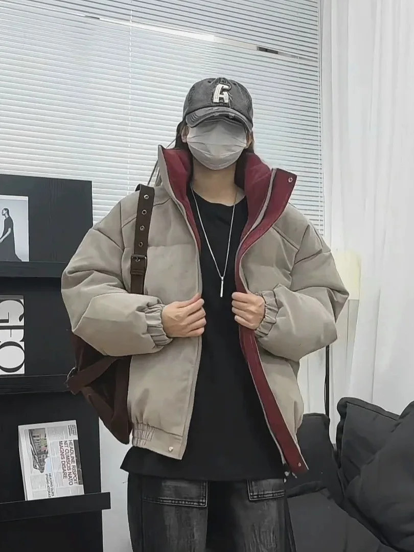 

Men's Thiened Waterproof Faux Leather down Jaet Winter Warm Windproof Vintage American Cotton Coat Regular Fit Long Sve