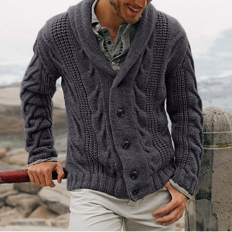 Winter Fashion Men's Knitted Thick Shawl Collar Single Breasted Knitwear Cardigan Solid Color Long Sleeve Sweater Coat Winter