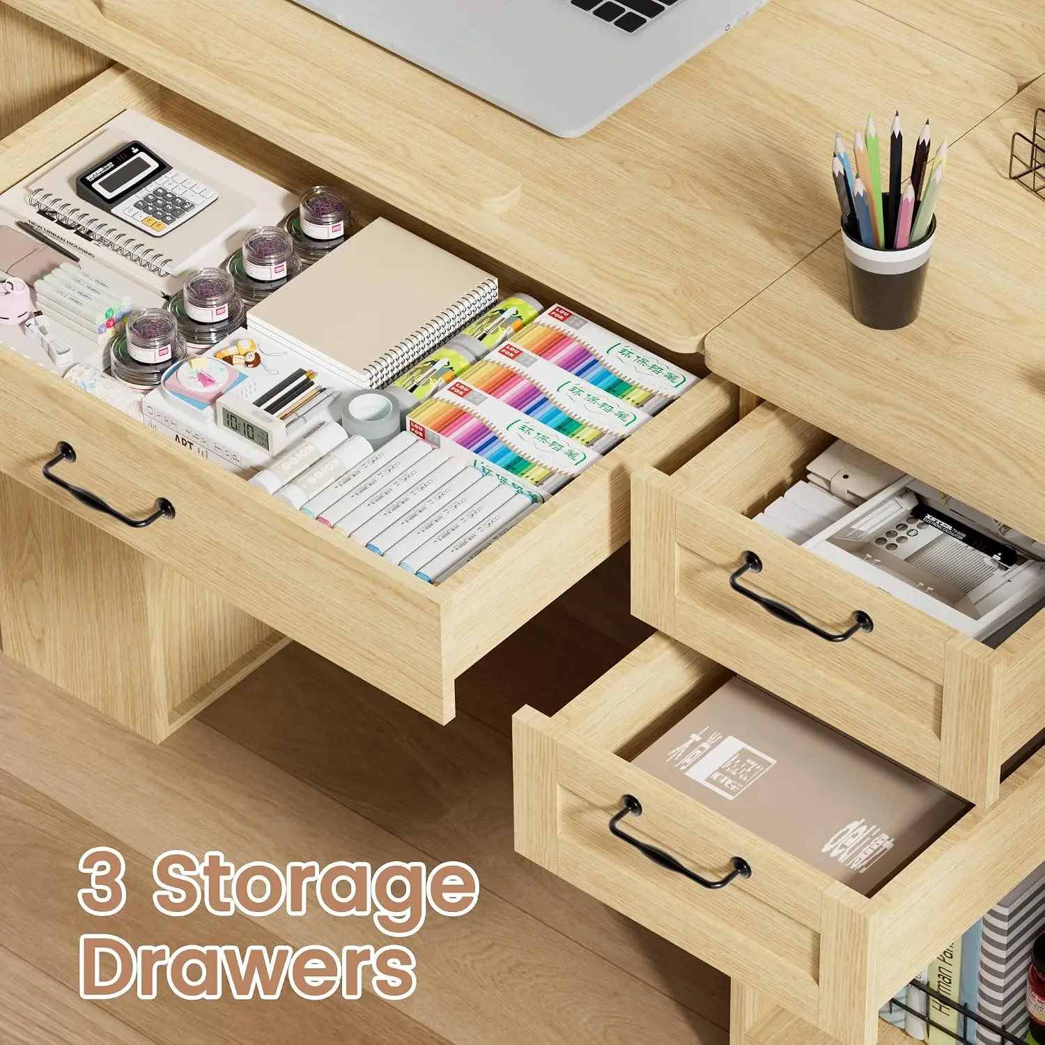 Drafting Table with Storage Cabinet & Drawers, Adjustable Drawing Desk with Open Shelves, Craft Table Painting Desk, Customized - view 4