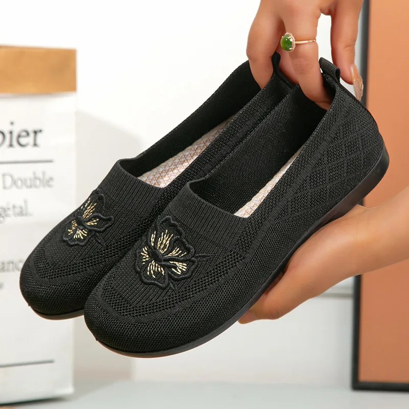 Damen-Strick-Slipper mit Blumenstickerei, flache Schuhe, atmungsaktives Mesh-Material, weiche Sohle, ideal für ältere Damen, Mütter, zum täglichen Gehen. – Detail 10