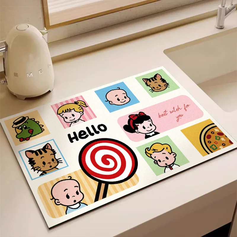 VIKAMA Retro Cartoon Character Print Dish Drying Mat Absorbent Non Slip Waterproof Coffee Table Kitchen Sink Draining Pad