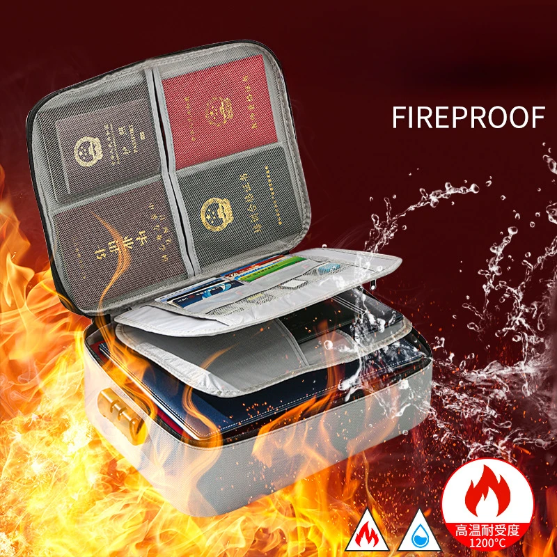 ID Storage Bag with Lock Fireproof Document Bag Briefcase Fireproof Waterproof Document Storage Storage Bag