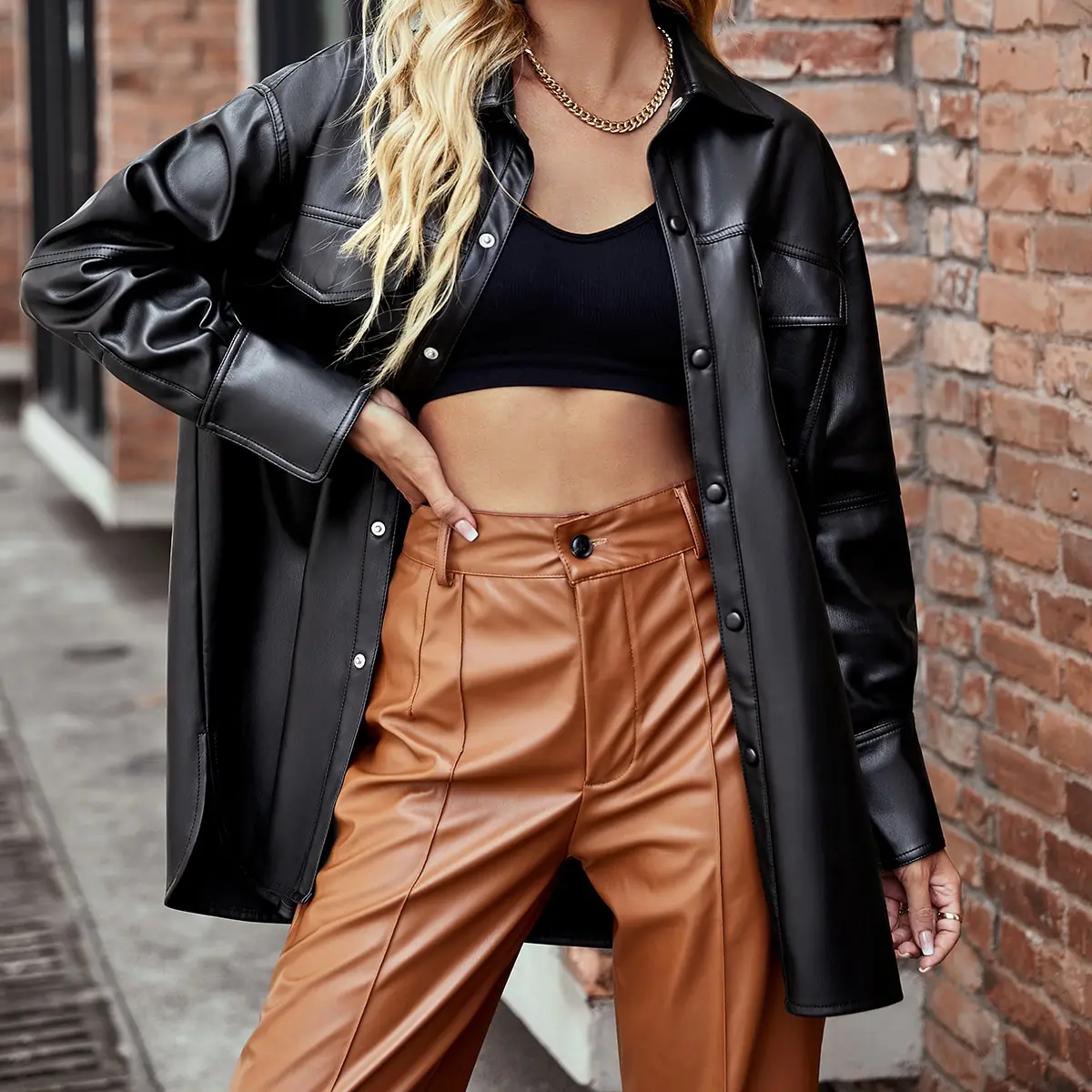 Jaqueta feminina de couro sintético outono/inverno com mangas compridas e fecho de botão, casaco para deslocamento diário