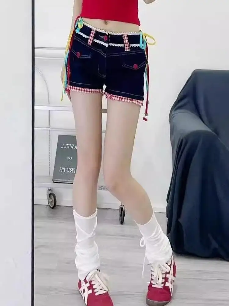 American Style Spicy Girl  Knot Plaid Denim Shorts Women Summer Design Sense Splice Low Waist Slimming Body Heat Pants