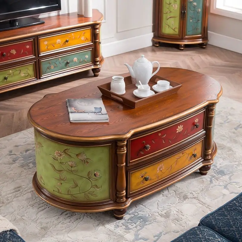 Coffee table solid wood oval tea table four drawers retro painting