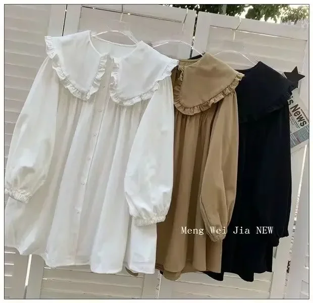 Damenhemden, einfarbig, mit langen Puffärmeln, Peter-Pan-Kragen, koreanischer Stil, modische Oberteile, Retro-Damenbluse, schlicht, lässig, vielseitig kombinierbar. – Detail 14