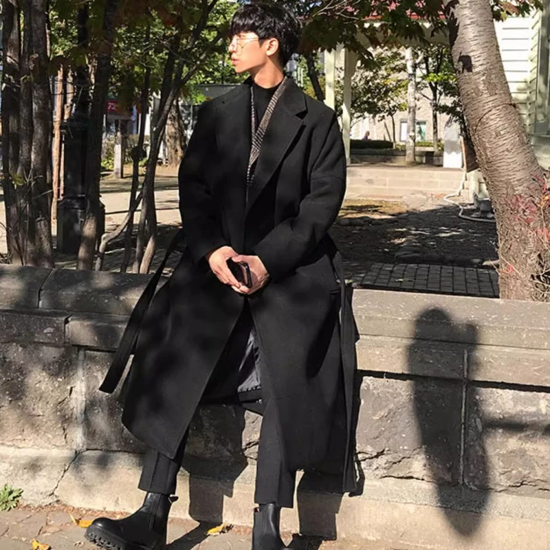 

Men's Thickened Woolen Trench Coat Autumn Winter Black Mid Length Loose Casual Overcoat​