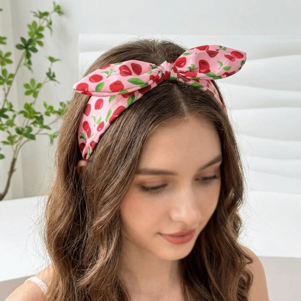 Multicolor Cherry Printed Headband Bow Sweet Rabbit Ear Hairband Polyester Fruit Pattern Hair Styling Tool Makeup Use
