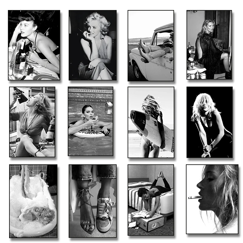 Vintage Woman Drinking Martini in Swimming Pool Black White Fashion Photography Poster Canvas Painting Print Wall Art Home Decor