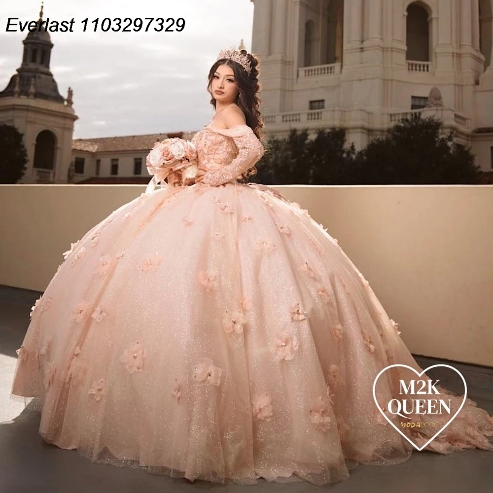 

EVLAST Mexican Blush Pink Quinceanera Dress Ball Gown 3D Flowers Applique Beaded Corset Sweet 16 Vestidos De 15 Anos TQD822