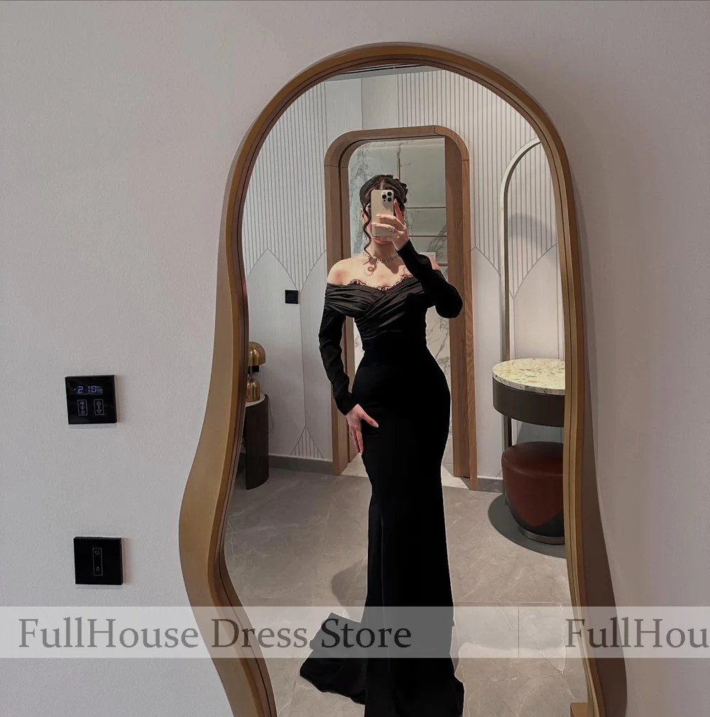 العرف الأسود قبالة الكتف كم طويل مطوي ثوب مسائي قطار عارية الذراعين حورية البحر مثير ماكسي فستان عربي سعودي مع الدانتيل