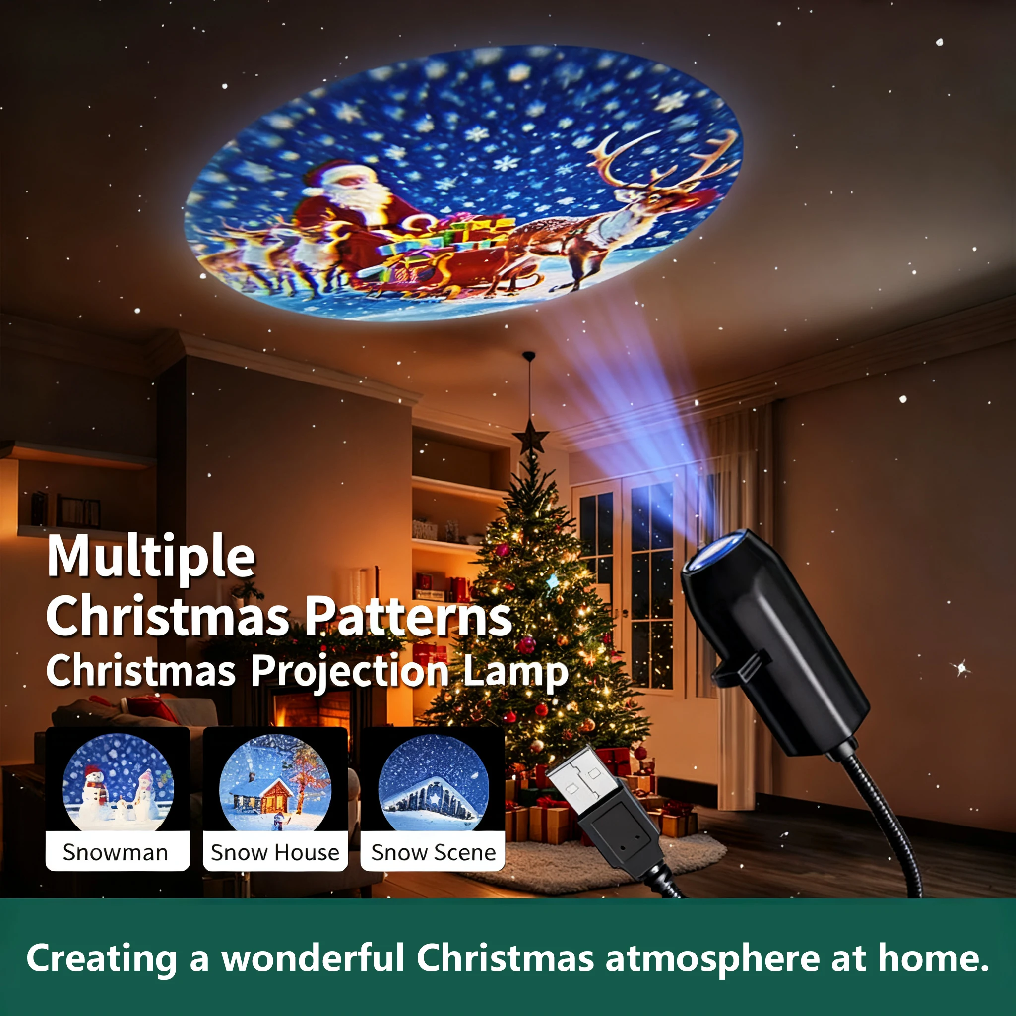 Portable Mini USB Projection Lamp Christmas/Halloween/Planet Theme Atmosphere Light Switchable Pattern Festival Room Decor Gift