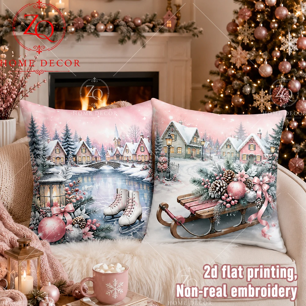 Peach Fleece Christmas Winter Pink Snow Village Sleigh  Ice Skating Throw Pillow Covers For  Bedroom