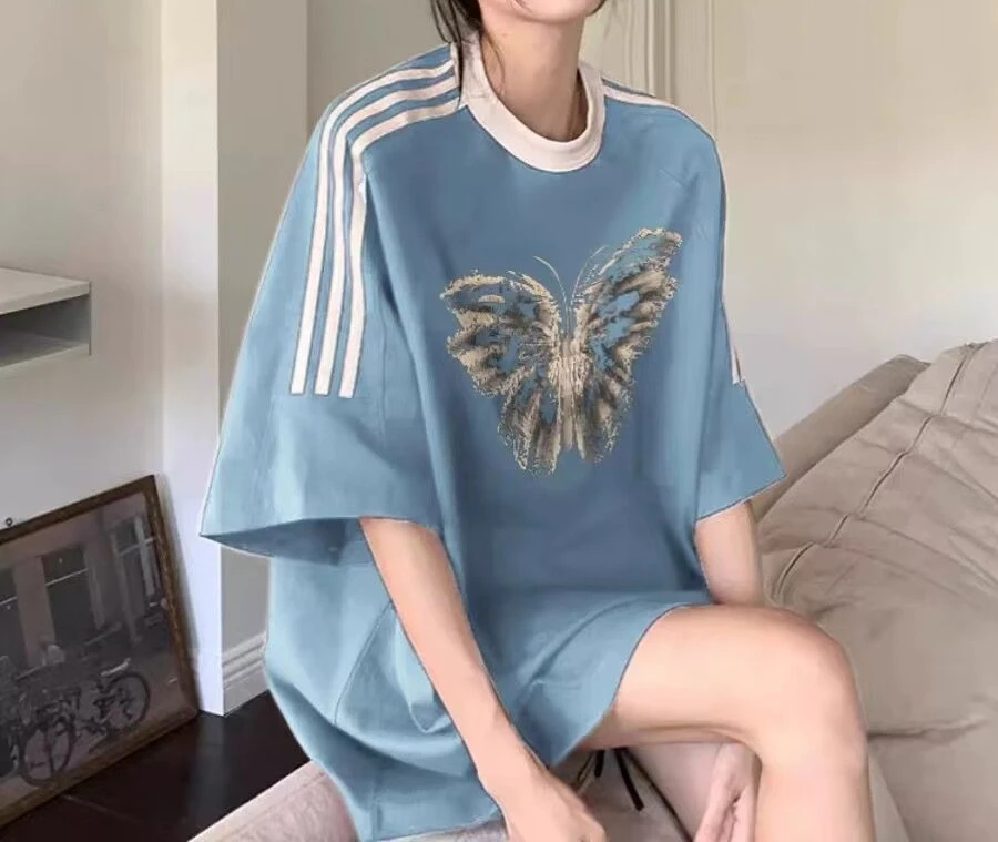 

Blue Short Sleeved T-shirt Women's Summer New Design Sense Niche Three Bar Loose Top