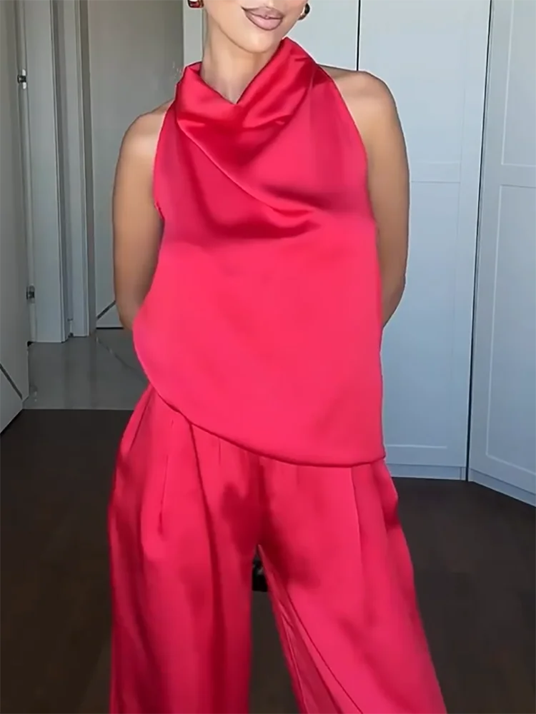 

Nice Women's Casual Satin Solid Color Commuting Suit Simple Loose Summer Outfit Fashion O-neck Sleeveless Top And Long Pants 2pc