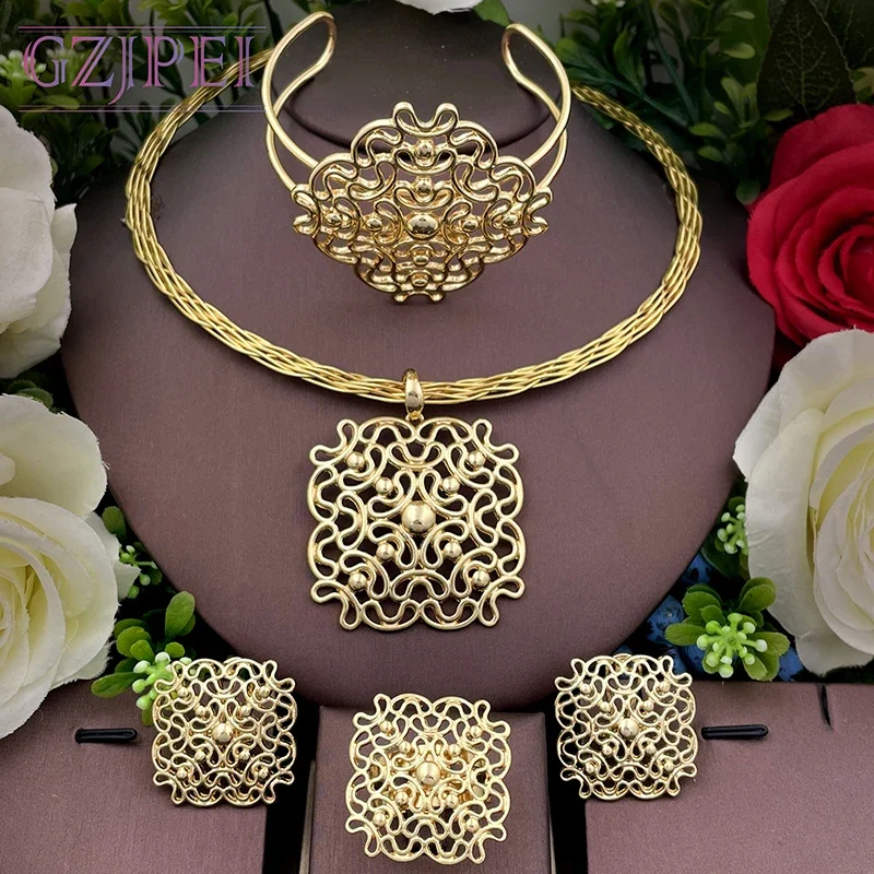 

Africal Gold Color Big Jewelry Set Fashion Statement Square Pendant Necklace Bracelet Earrings Ring Set For Women Wedding Gift
