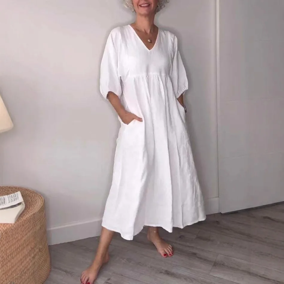 

Женская хлопково-льняная блузка с глубоким V-образным вырезом, плиссированная, Cleanfit, из 100% полипропилена, А-силуэт