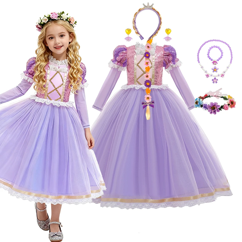 Girls Long Sleeve Princess Dress Sofia Rapunzel Inspired Winter Party Gown Warm Kids Formal Dress for Christmas Halloween