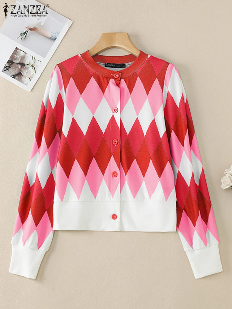 

Women Colorblock Knitted Tops ZANZEA Fashion O-neck Buttons Cardigans Vintage Diamond grid Printed Tunics 2025 Spring Blouses