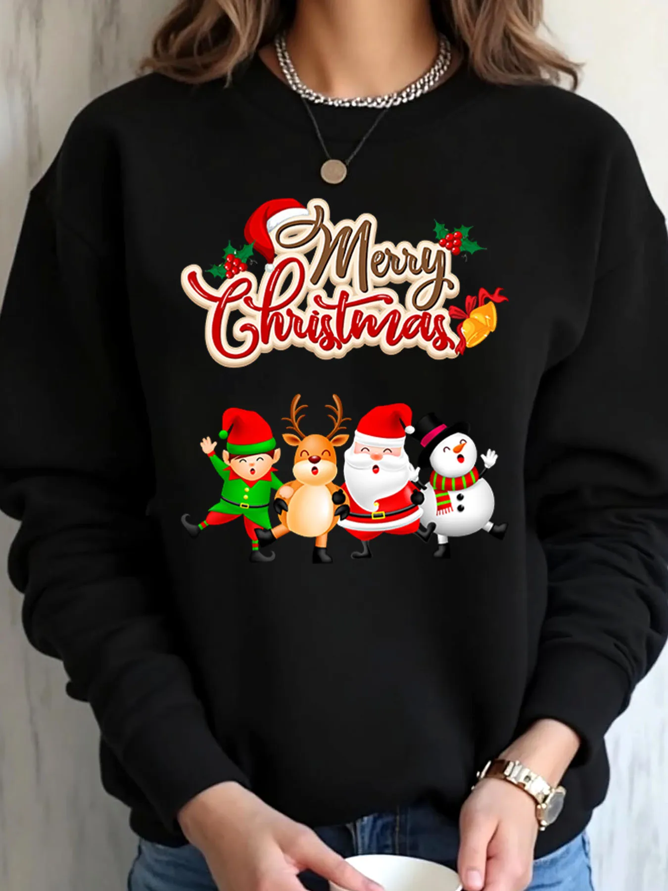 Moletom feminino oversized natal feliz natal elfo rena santa boneco de neve estampa roupa ao ar livre
