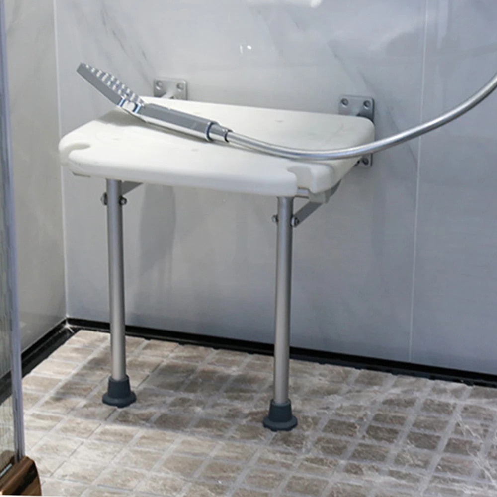 Wall Mounted Folding Shower Bench Flip-up Screw-in Bath Seat Bathroom Chair Stool Non-Slip Feet Drainage Holes Shower Head Slot