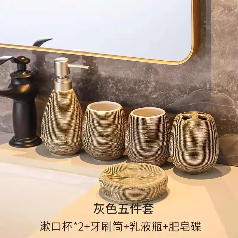 Retro wire drawing ceramics bathroom decoration accessories ceramic toothbrush holder lotion bottle soap box tray wash set