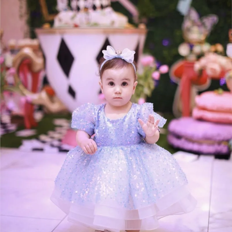 Baby Girl Princess Sequins Tutu Dress Puff Sleeve Infant Toddler Child Vintage Vestido Party Wedding Birthday Baby Clothes 1-12Y