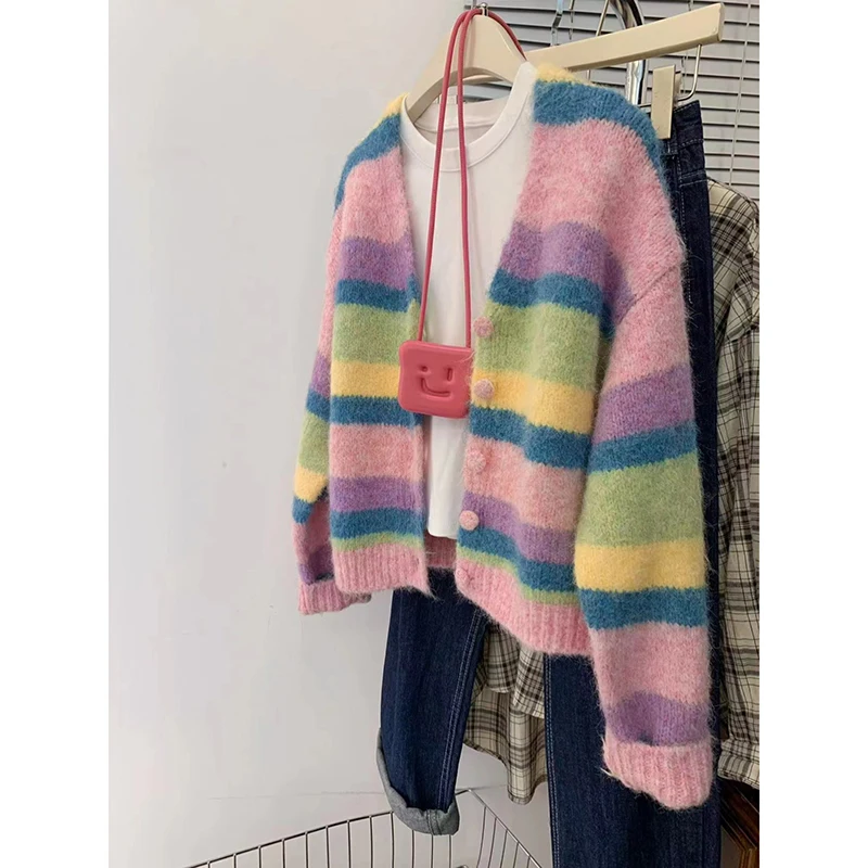 2024 Women's Autumn Winter Rainbow Striped Cardigan Outerwear Female V-neck Sweater Coats Ladies Loose Knitted Jackets