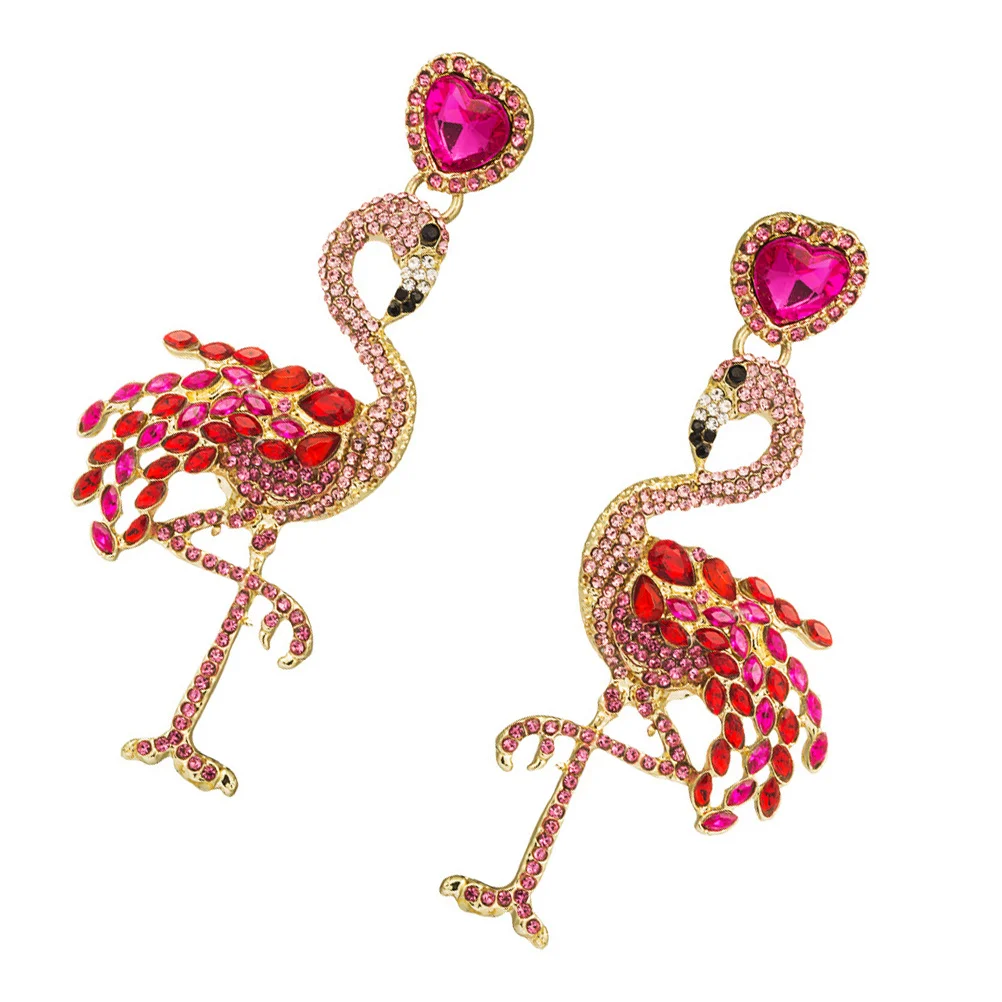 1 par de pendientes de flamenco con diamantes de imitación, colgantes rojos con estilo para mujer, ropa de fiesta, accesorios para las orejas, joyería de moda informal de larga duración