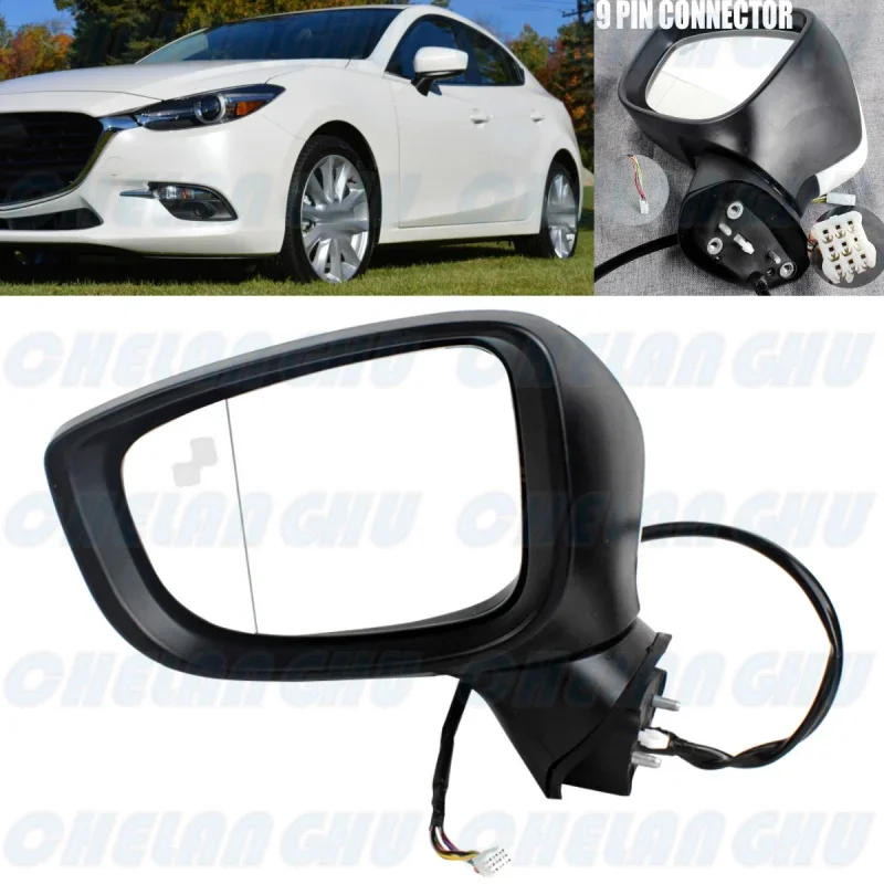 For Mazda 3 2017 2018 2019 Left Side 9 Pins White Paintable Blind Spot Power Adjust Auto Fold Mirror Assembly BACS-69-181B