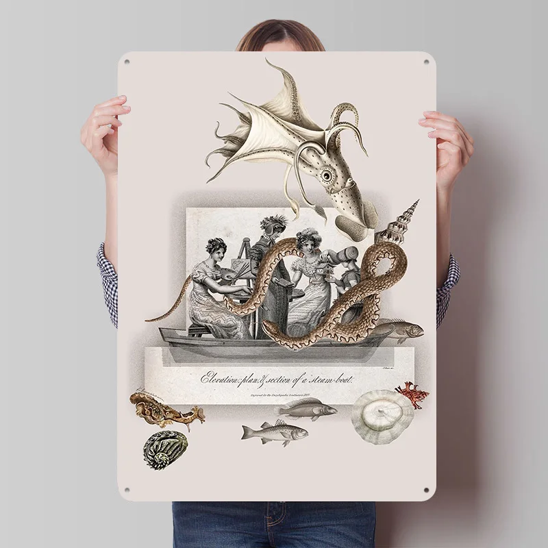 Surreal Sea Creature Collage Tinplate Posters Customizable Wall Art Retro Vintage Metal Signs for Home Room Decoration Gaming