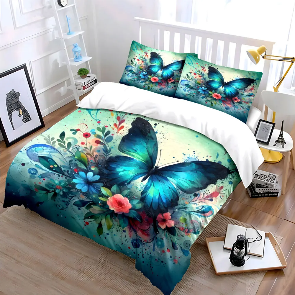 Vibrant Blue Butterfly with Floral Art Bedding Set for Kids Luxury Gift 3pcs Digital Print Comforter Set Soft Comfortable
