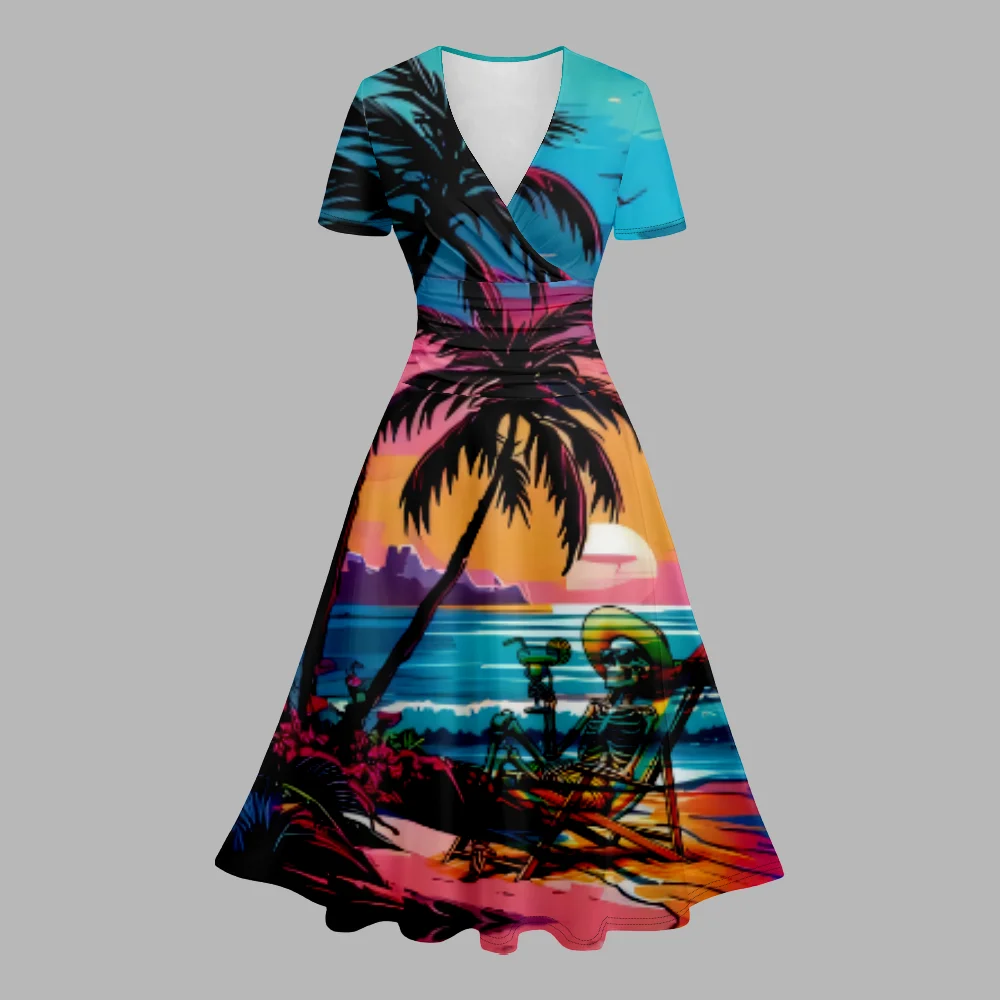 Vestido feminino com decote V a linha caveira, verão elegante vestido de festa, robe girl resort, streetwear hip hop