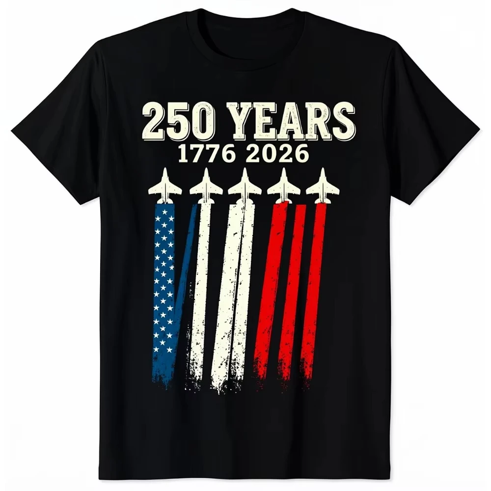 250 Years 1776-2026 USA Fighter Jet Vertical Flag Graphic T Shirt Patriotic Air Force 4th Of July Black Cotton Tee