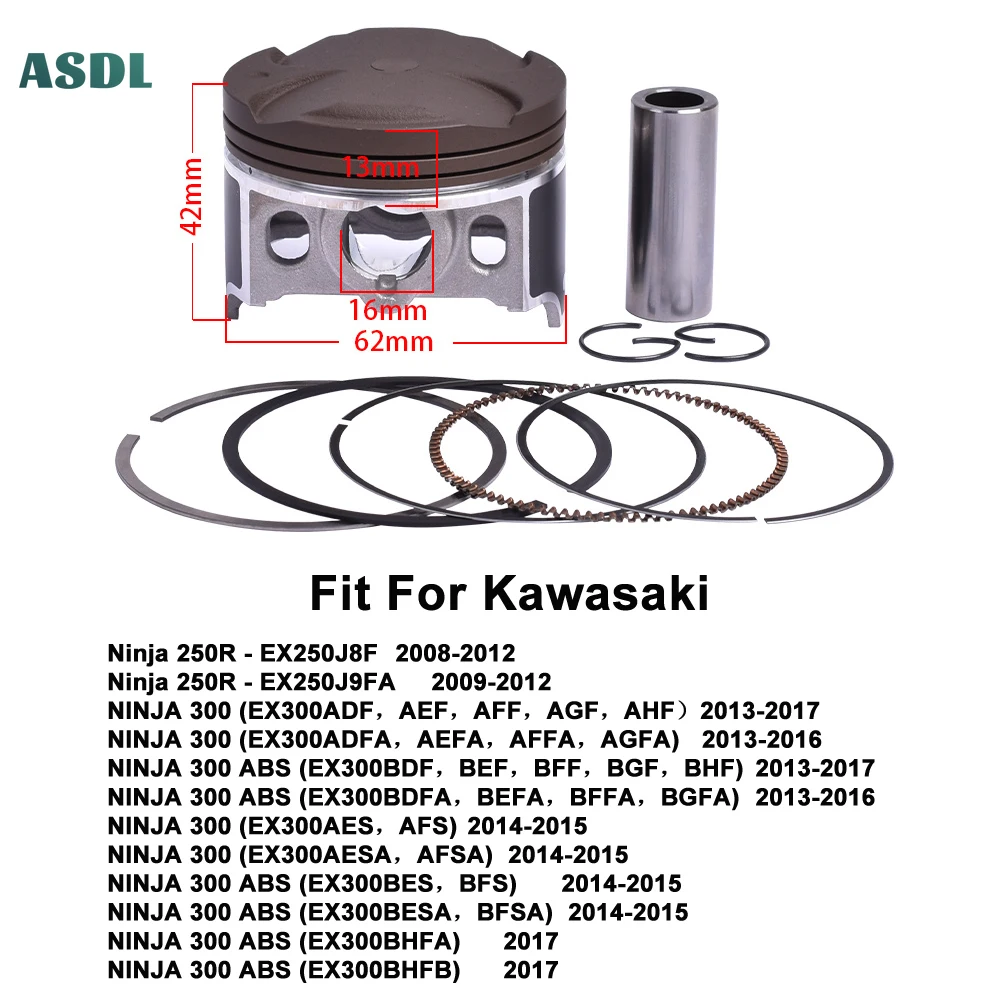 

62mm Motorcycle Piston and Piston Ring Kit for Kawasaki Ninja250R EX250 08-12 NINJA300 EX300 2013-2017 NINJA 300 ABS Ninja 250 R