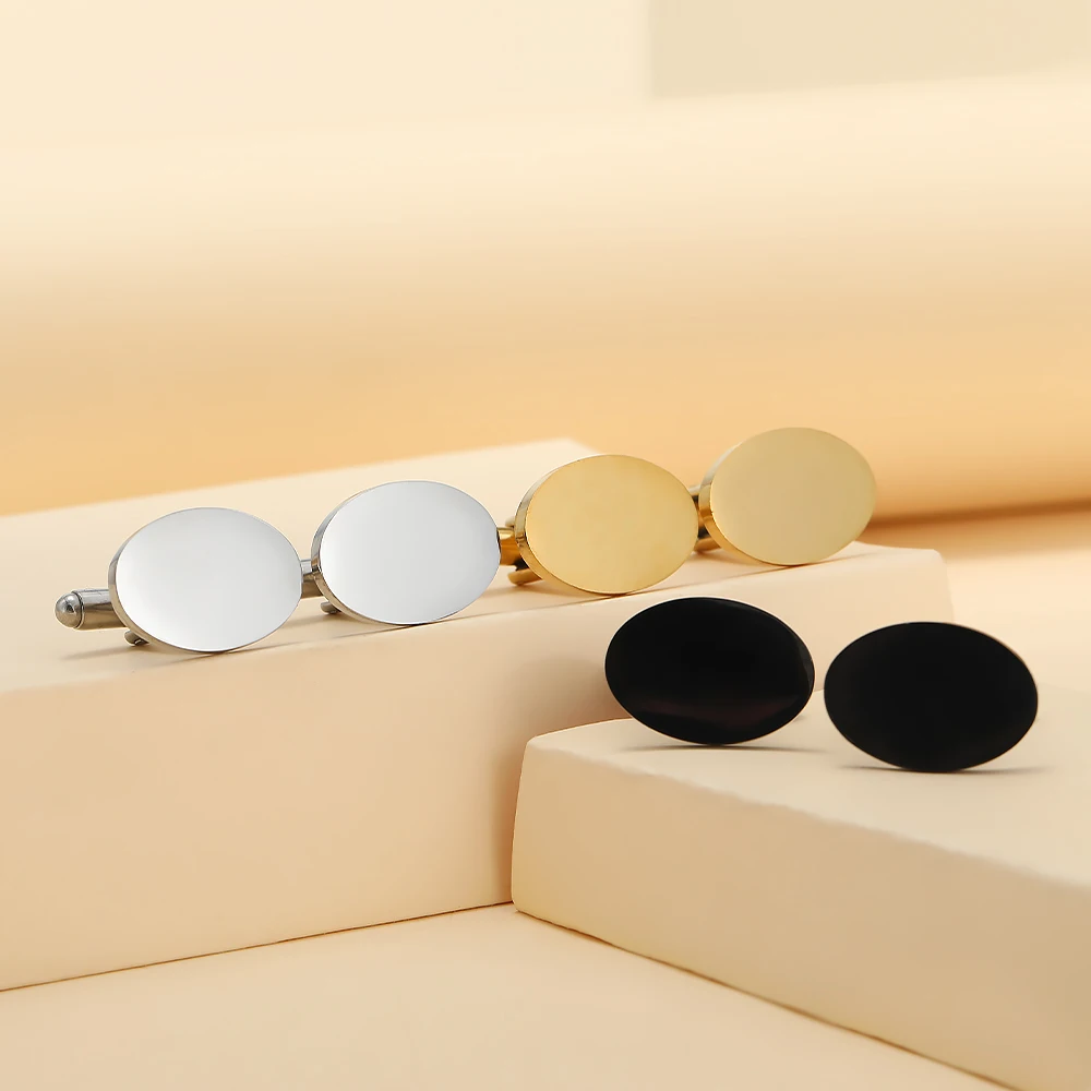 Classic Black Golden Silvery Blank Design Mens Stainless Steel Oval Cufflinks Laser Engraving Ellipse Sleeve Button