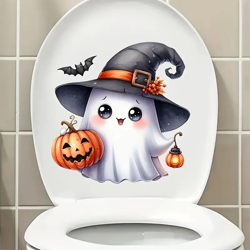 1 piece of Halloween toilet seat sticker - cute witch hat with pumpkin pattern, self-adhesive disposable bathroom decoration, ho