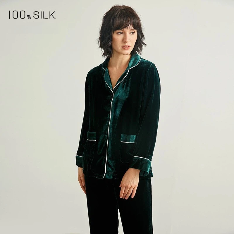 Autumn Winter New Women's 100% Mulberry Silk Pajamas Set Thick Velvet Warm Sleepwear Loungewear Outfit