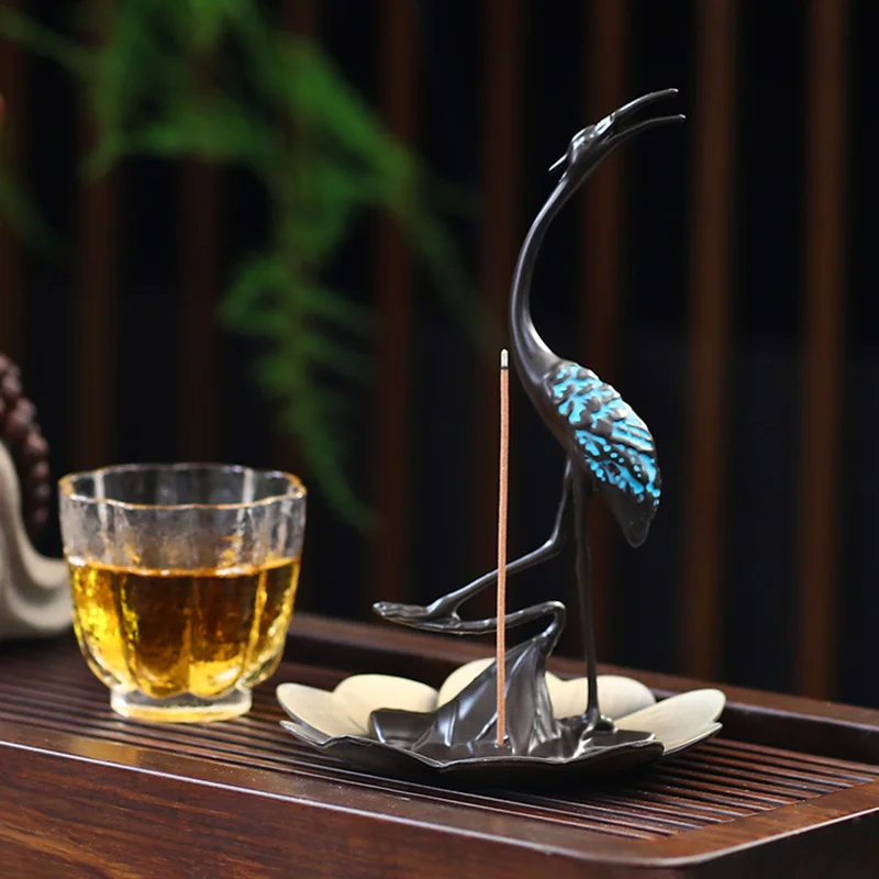 Crane Style Household Decoration Alloy Material Chinese Crane Statue Tea Ceremony Ornaments Incense Burner Meaning Auspicious