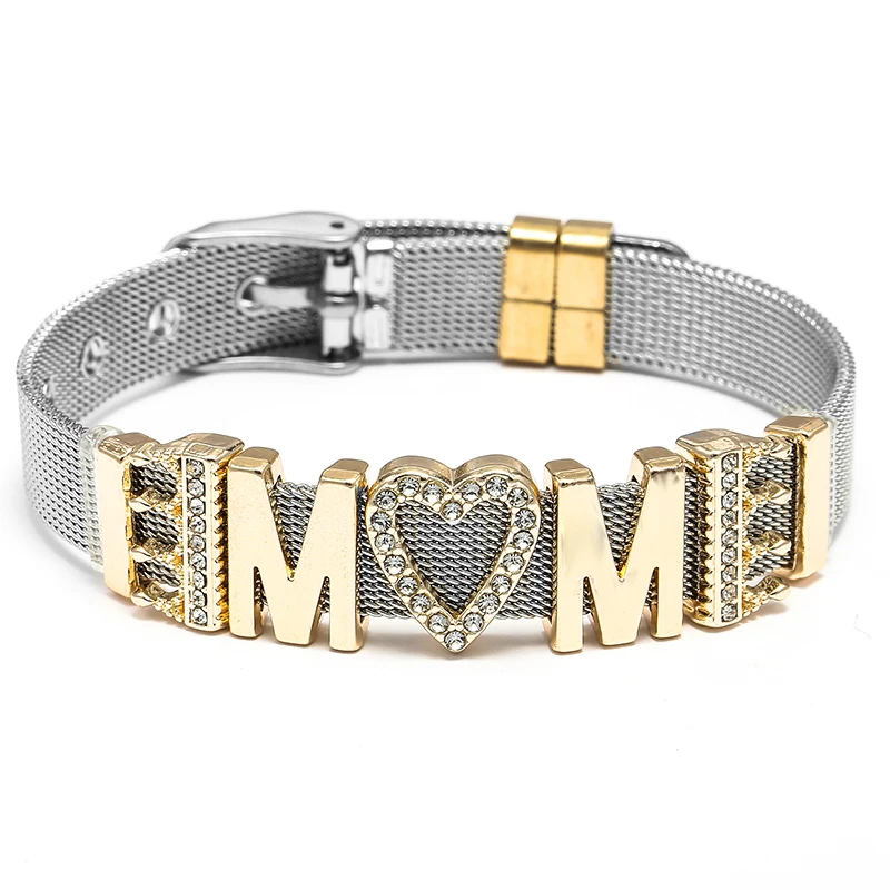TOGORY 10mm Stainless Steel Mesh Bracelets Crown MOM Beads Charm Keeper Bracelets Bangles For Women Mother Fashion Jewelry