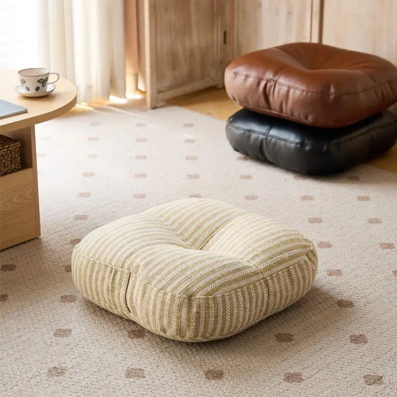 Square Thickened Floor Cushion Linen Striped PU Leather Soft Padded Seat Pad for Living Room Bedroom Tatami Meditation Adults