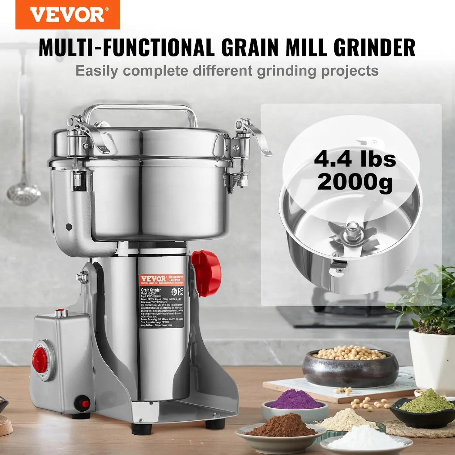 2000g Electric Grain Mill Grinder, High Speed 3400W Commercial Spice Grinders, Stainless Steel Pulverizer Powder Machine, for Dr