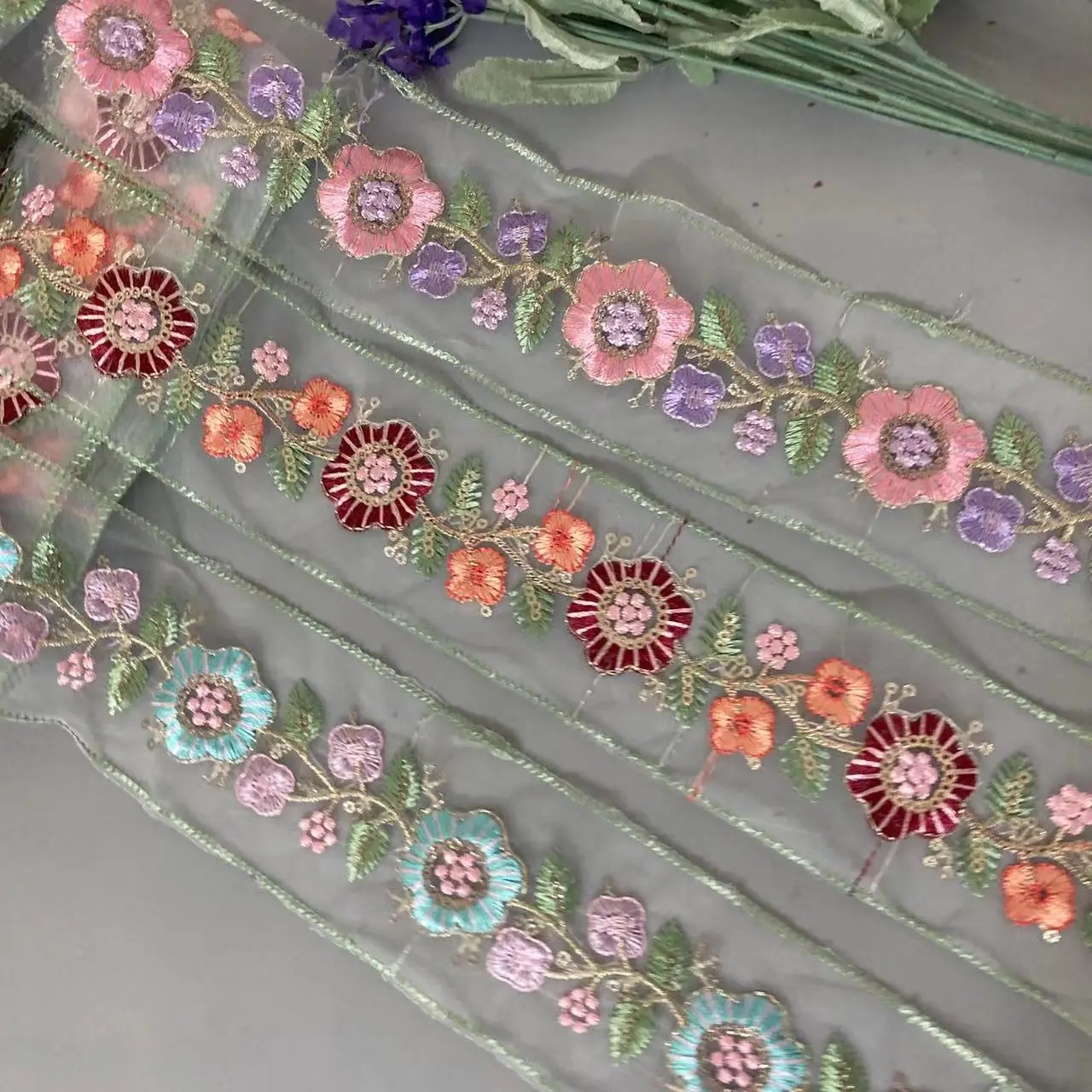 

2 Yards 6cm Ethnic Gold Thread Mesh Sequins Webbing Ribbon Tape Shoes Dress Decorative Embroidered Lace Trims Floral DIY Sewing