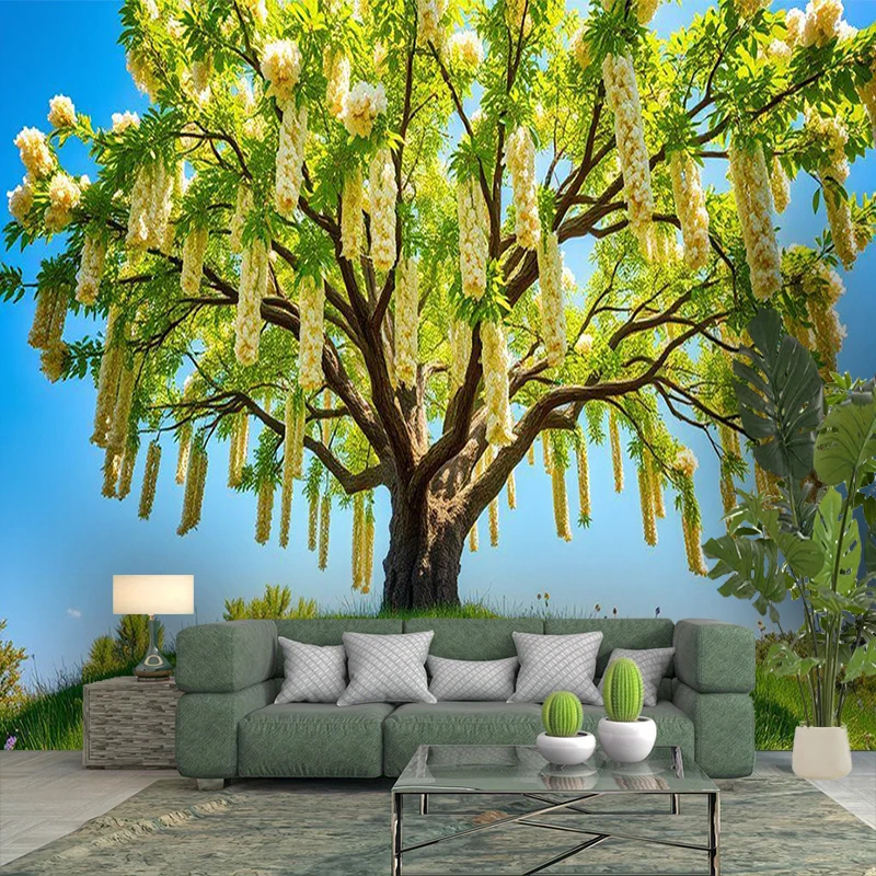 1PC Big Tree Golden Flower View Print Backdrop Banner, Bedroom Living Room Photo Background, Polyester, Home Decor, Wall Art