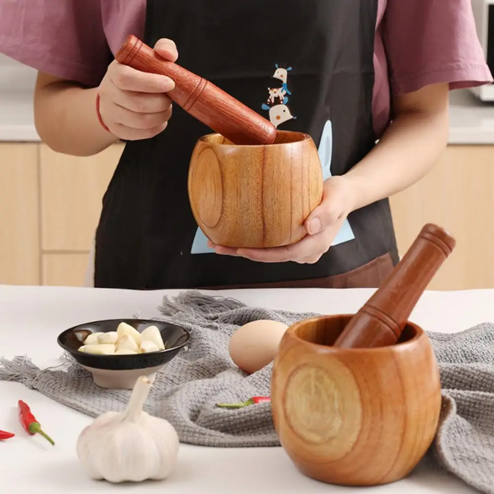 1 Set Garlic Jar Mortar Old Fashion Wooden Grinder Round Smooth Hand Polished Pestle Set For Grind Herbs Spices Grains Pepper