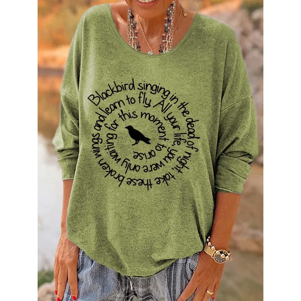 

Rheaclots Hippie Blackbird Singing In The Dead Of Night Printed Women's Long Sleeves T-Shirt