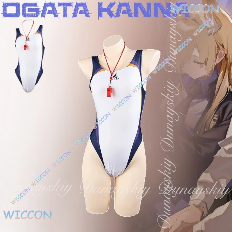 

Mag/Blue Archive Game Ogata Kanna Cosplay With The White Blue Swimsuit Blue Coat With Light Gold Long Wig Cosplay Costume